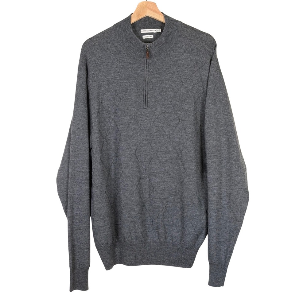 Peter‎ Millar Grey 100% Merino Wool Diamond Argyle Quarter Zip Sweater Mens XXL